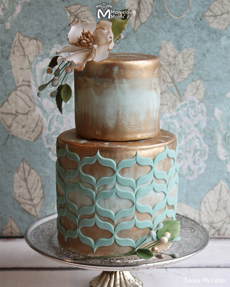 Rustic Wedding Cake Decorated Using the Marvelous Molds Hugs N Kisses XOXO Silicone Onlay Cake Stencil