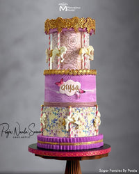 Purple Carousel Cake with Gold Border Detail Created with the Marvelous Molds Gloria Lace Mold