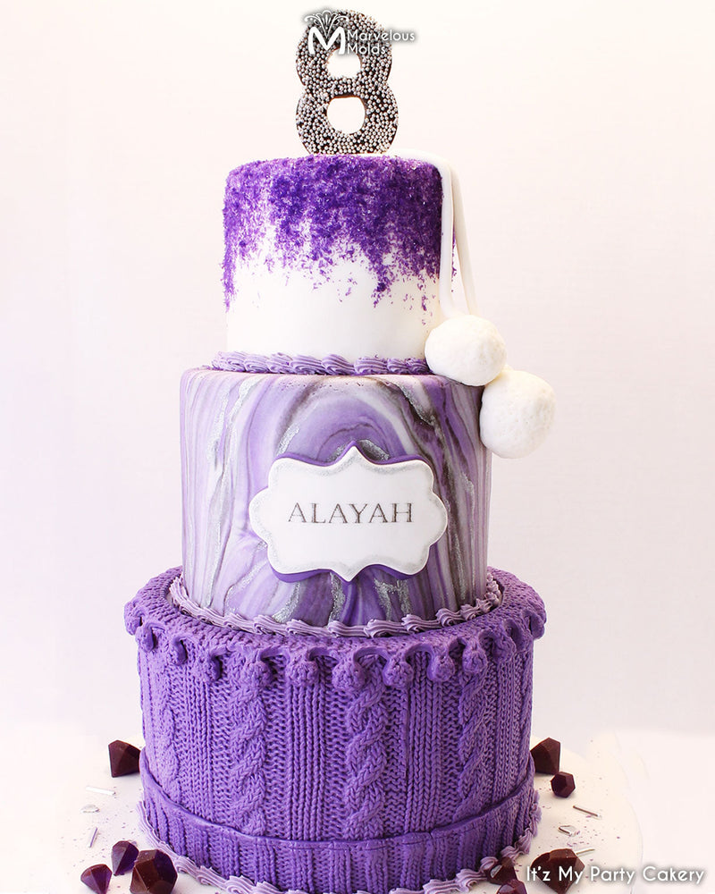 Purple Knit Birthday cake Decorated Using the Marvelous Molds Silicone Pom Pom Knit Border Mold for Cake Decorating