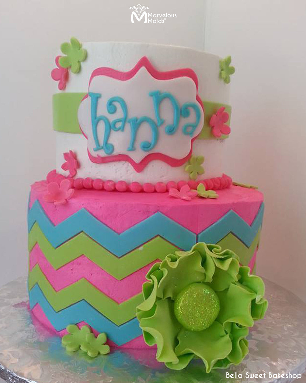 Girly Pink Chevron Birthday Cake Decorated with Marvelous Molds Large Chevron Silicone Onlay Ribbon