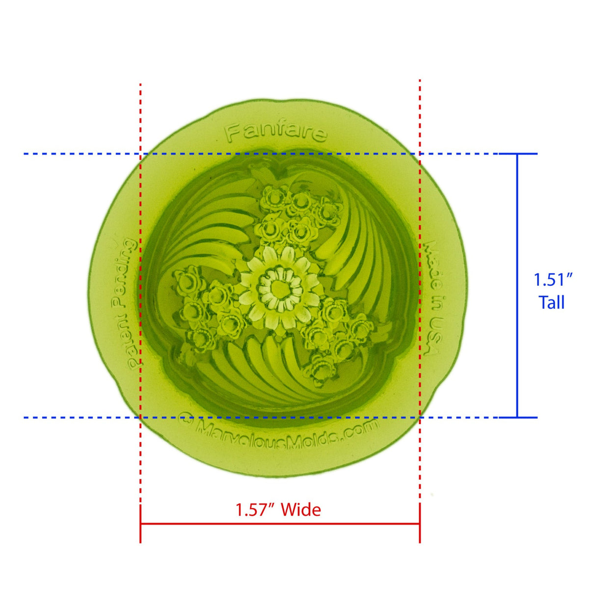 Fanfare Floral Medallion Silicone Mold Cavity measures 1.57 inches Wide by 1.51 inches Tall, proudly Made in USA