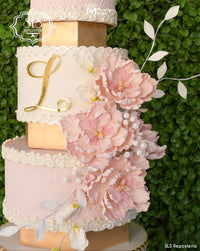 White and Baby Pink Floral Lace Wedding Cake Decorated Using the Marvelous Molds Lydia Lace Mold