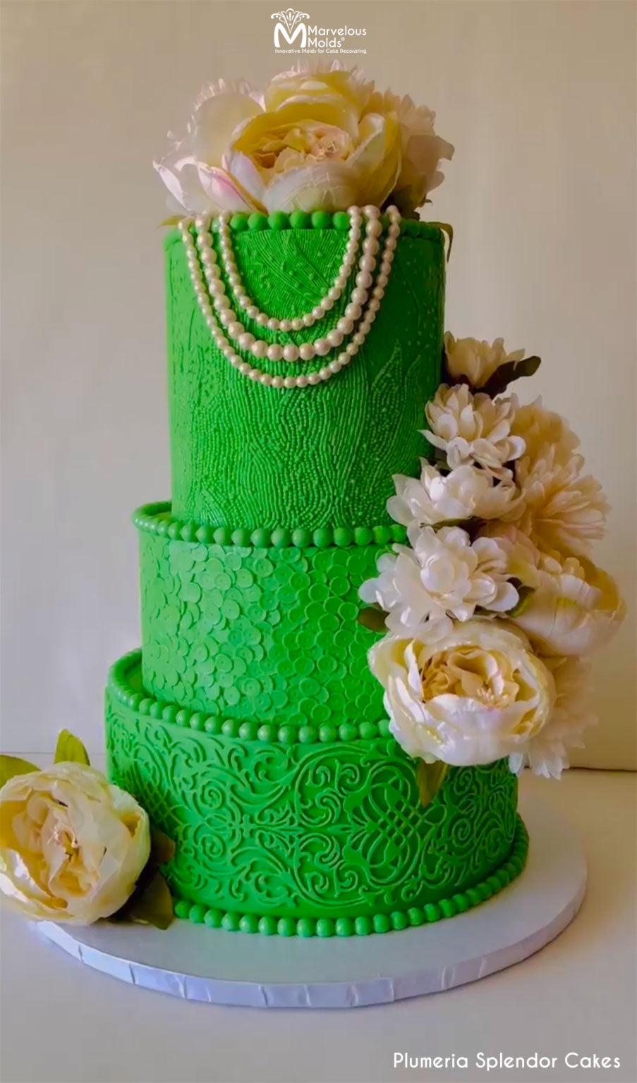 All Green Jackie Kennedy Themed Pearl Cake, Decorated with Marvelous Molds PinchPro Silicone Pearl Mold 10mm