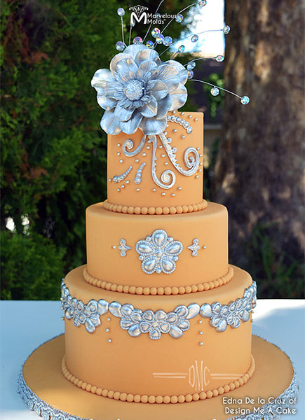 Orange and Silver Cake Decorated with Jewels Created Using the Marvelous Mold Pearl Radiance Silicone Mold