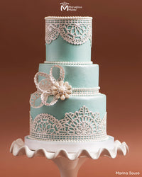 Tiffany Blue and White Lace Wedding Cake Decorated Using the Marvelous Molds Glimmer Brooch Mold