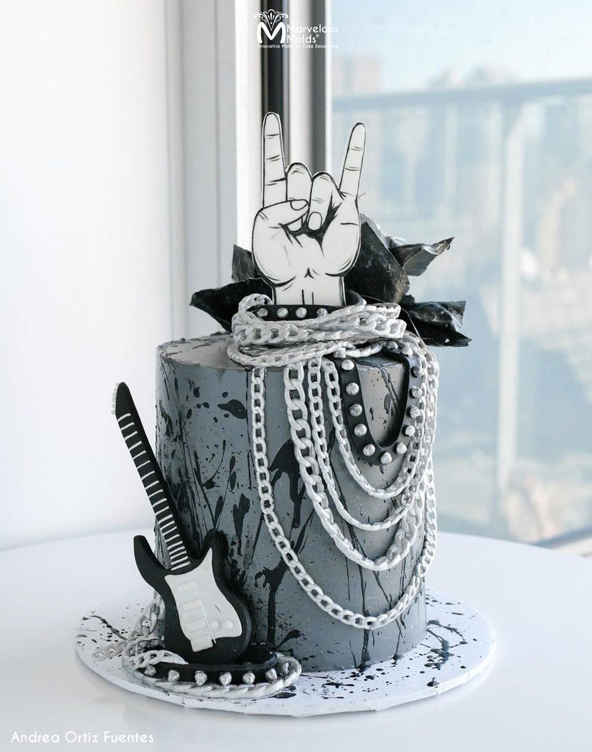 Rock Star Birthday Cake with Studded Straps and Chains, Created Using the Marvelous Molds Medium Chain PinchPro Silicone Mold for Cake Decorating