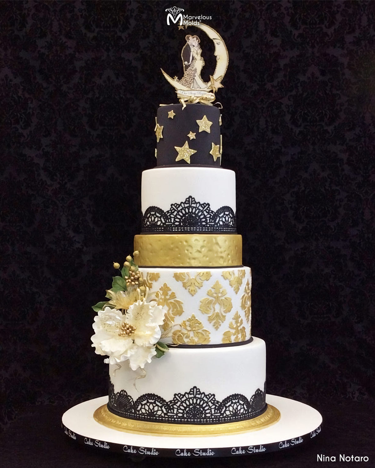 Moon and Stars Wedding Cake Decorated Using Marvelous Molds Damask Pattern Silicone Onlay