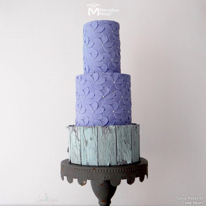 Lavender Cake with Floral Designs Created Using the Marvelous Molds Pirouette Simpress Silicone Mold for Cake Decorating