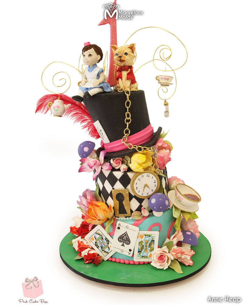 Alice and Wonderland Mad Hatter Themed Birthday Cake, with a Diamond Pattern Covering a Tier 