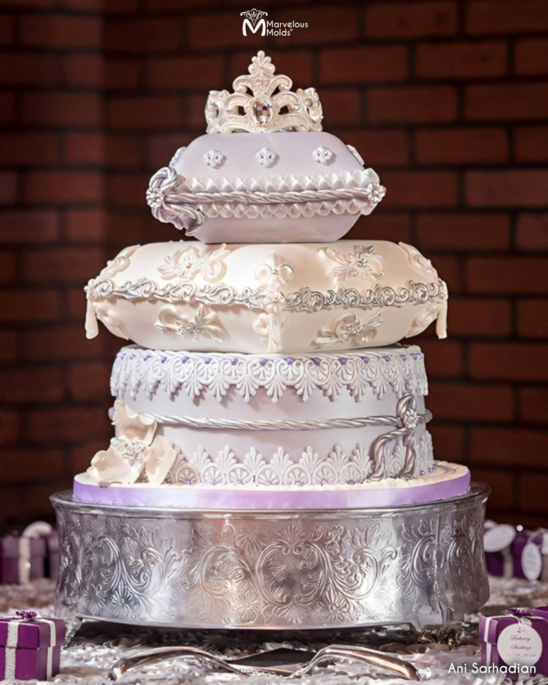 Posh Wedding Cake with Lace and Fleur De Lis, decorated with 3 Fleur De Lis by Marvelous Molds