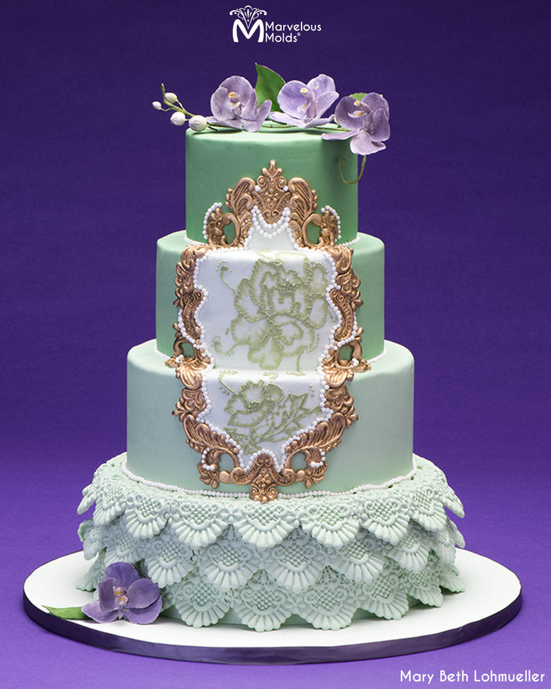 Sea Foam Green Wedding Cake Decorated using the Marvelous Molds Colette Lace Mold