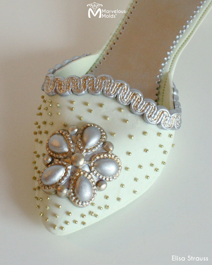 Edible Cake Heel Slipper Decorated Using the Marvelous Molds Braided Scroll Silicone Mold