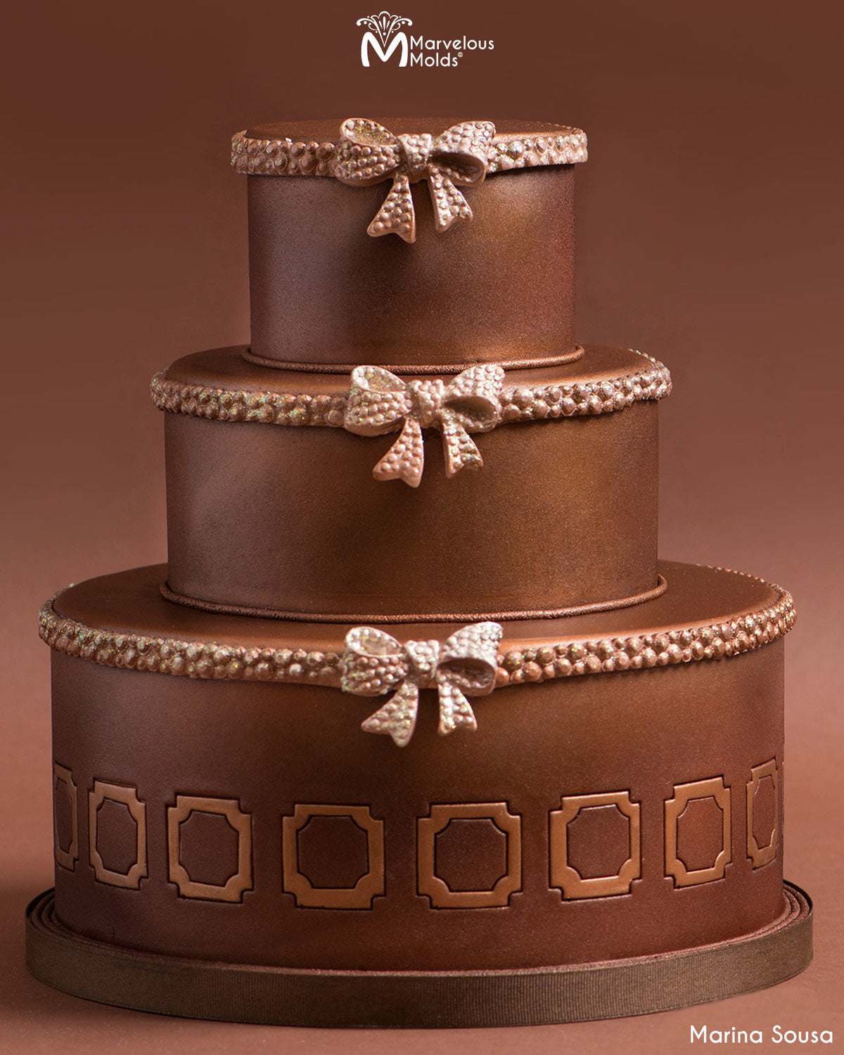 Elegant Chocolate Wedding Cake with the Brilliance Border and Charming Bow Brooch as Borders, by Marvelous Molds