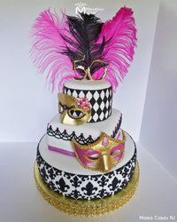 Mardi Gras Fleur De Lis and Diamond Decorated Cake, Topped with Feathers and Masquerade Masks - Decorated Using Marvelous Molds Diamonds SIlicone Onlay Cake Stencil