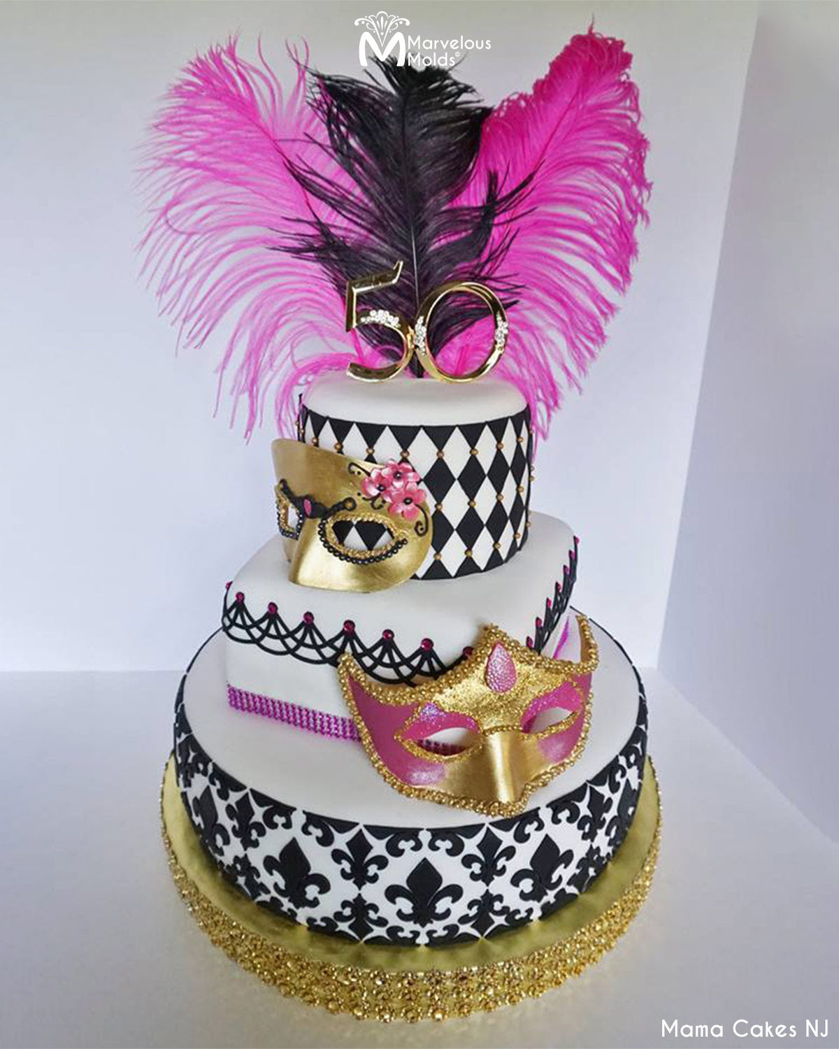 Masquerade Masks Mardi Gras Themed Birthday Cake Decorated Using the Marvelous Molds Overlapping Drop String Silicone Onlay