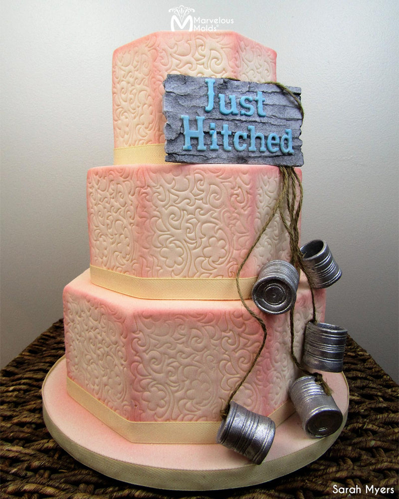 Just Hitched Western Themed Wedding Cake Decorated with the Western Lettering Flexabet by Marvelous Molds