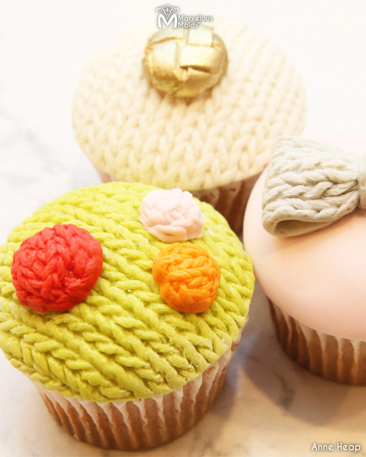 Knitted Texture Decorated Cupcakes Created with the Marvelous Molds Medium Leather Buttons Silicone Mold