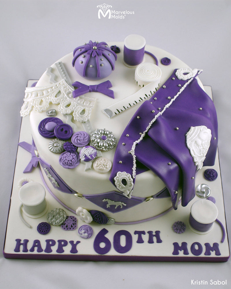Sewing Kit Themed Birthday Cake Decorated using the Geometrics Button Silicone Mold by Marvelous Molds