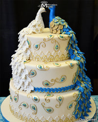 Peacock themed Wedding Cake Decorated using the Marvelous Molds Chris Lace Mold for the cake tier borders