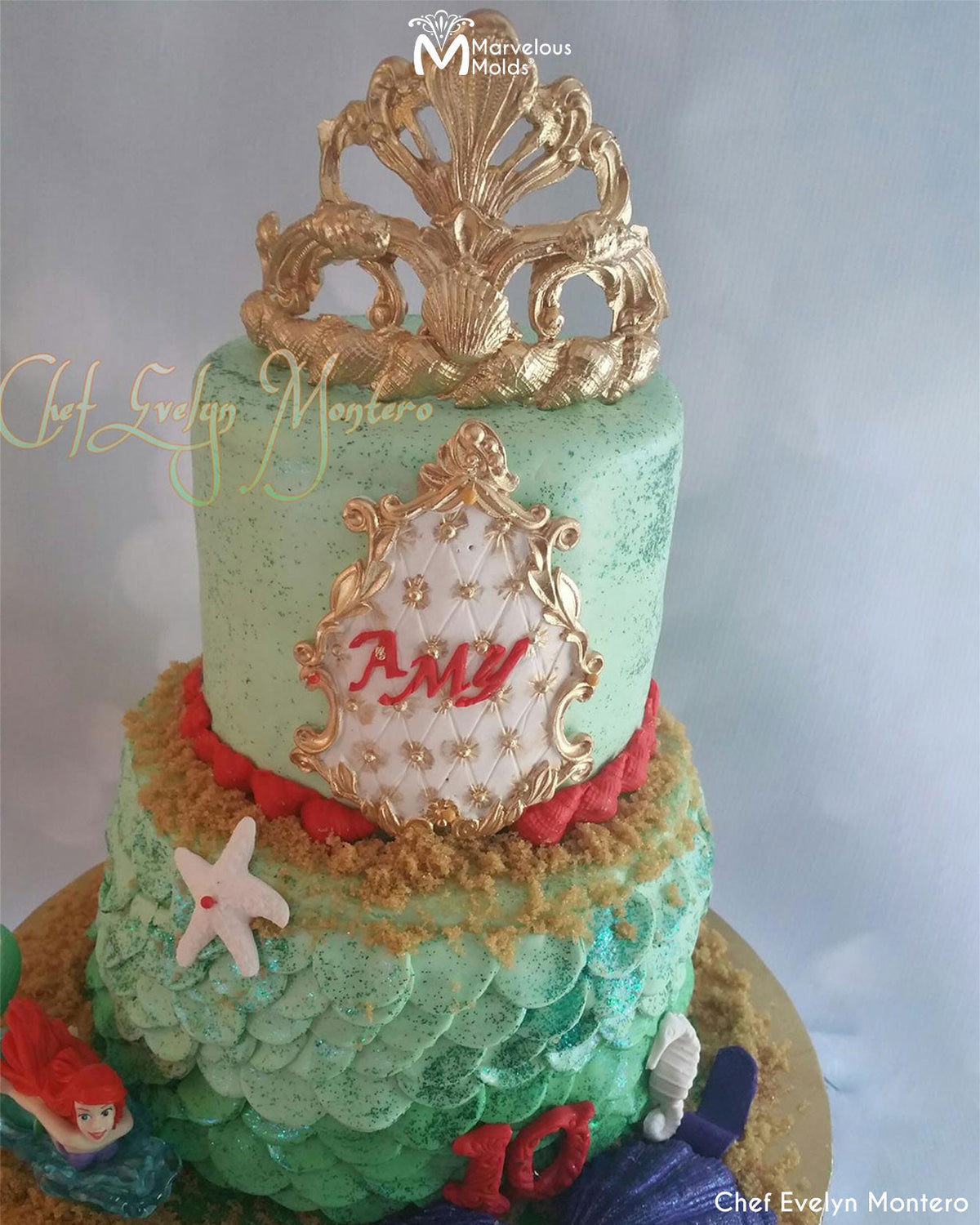 Little Mermaid Ocean Tiara Birthday Cake Decorated using Marvelous Molds Conch Border Mold