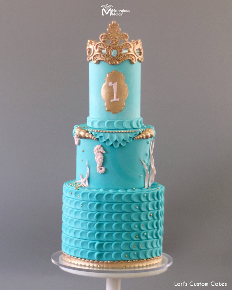 Mermaid Sea Themed Birthday Cake Decorated with the Marvelous Molds Edna Lace Tiara Silicone Mold