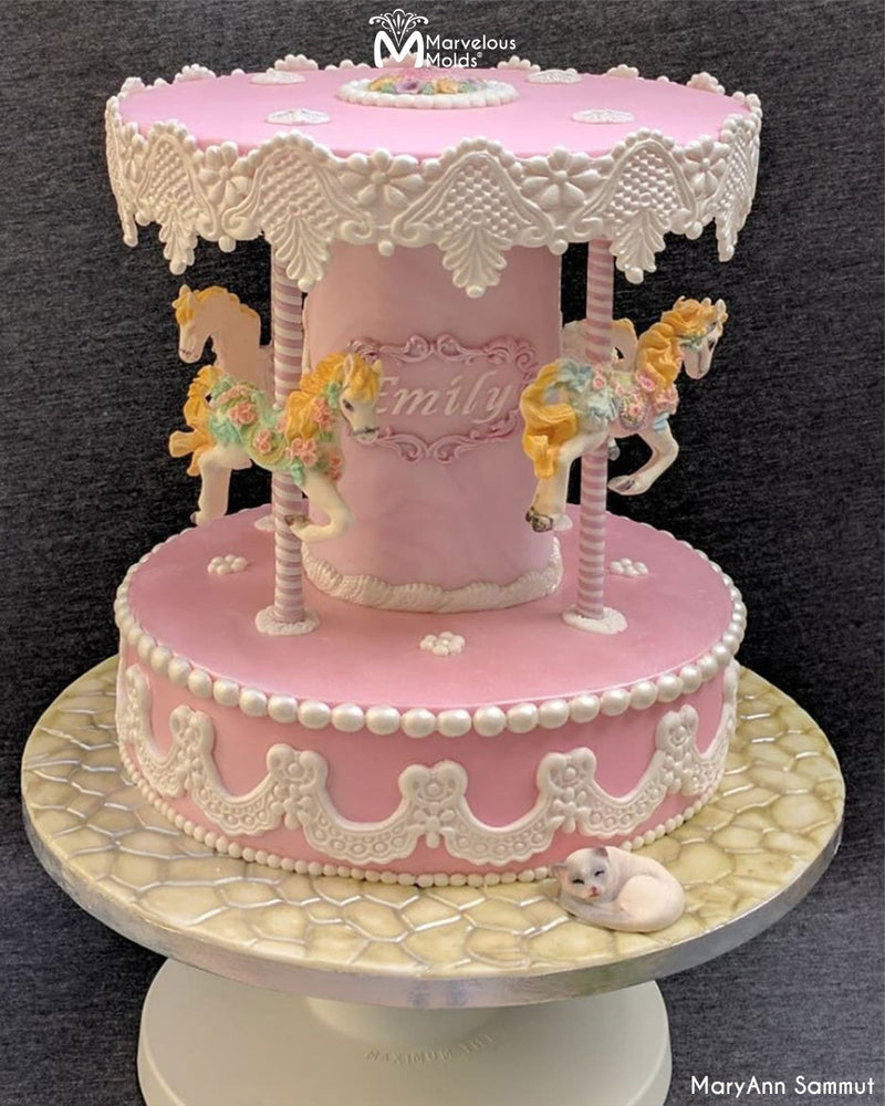 Carousel Cake Decorated Using the Marvelous Molds Maxine Lace Silicone Mold
