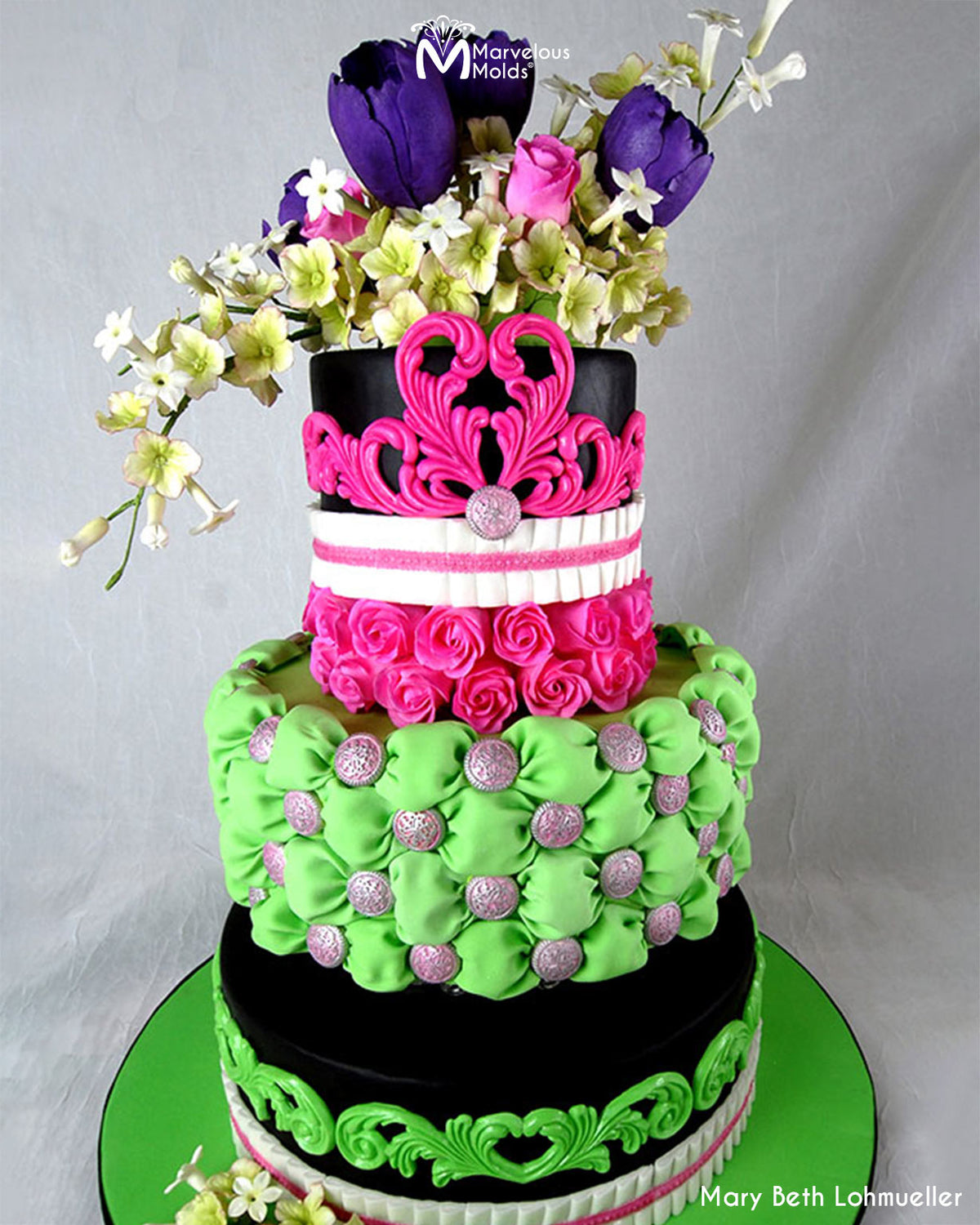 Colorful Cake Decorated with Marvelous Molds Filigree Button Silicone Mold and Tufted Designs