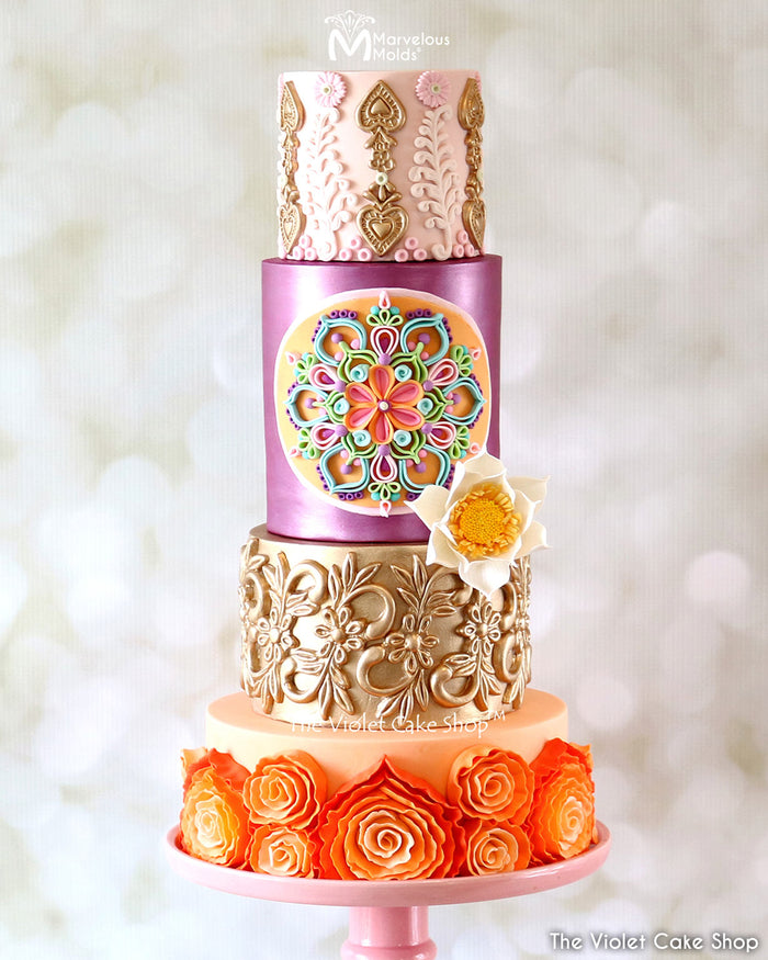Colorful and Floral Cake Decorated with Becky Lace Mold by Marvelous Molds