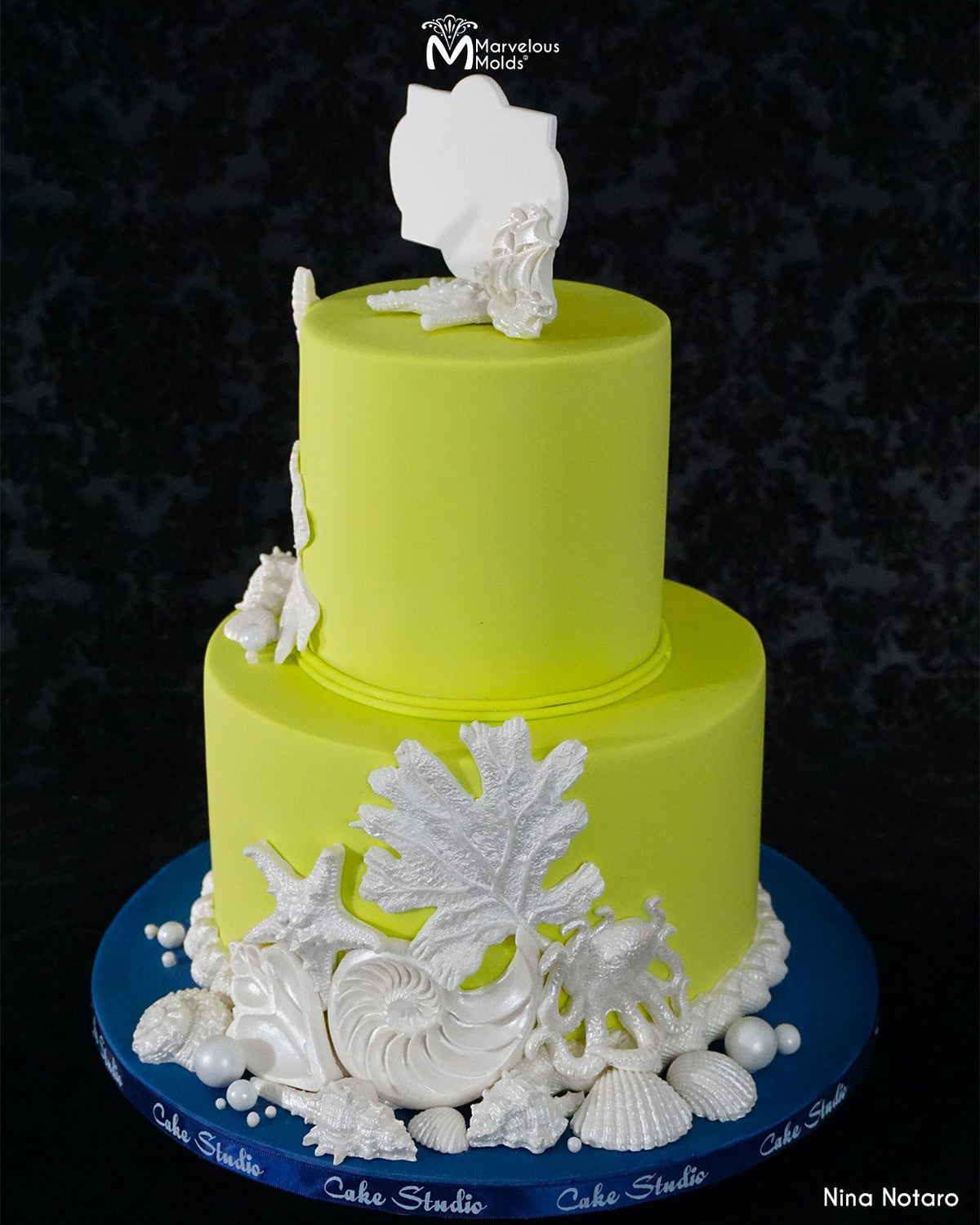 Lime Green Cake Decorated with Marvelous Molds Nautilus Shell Right Silicone Mold
