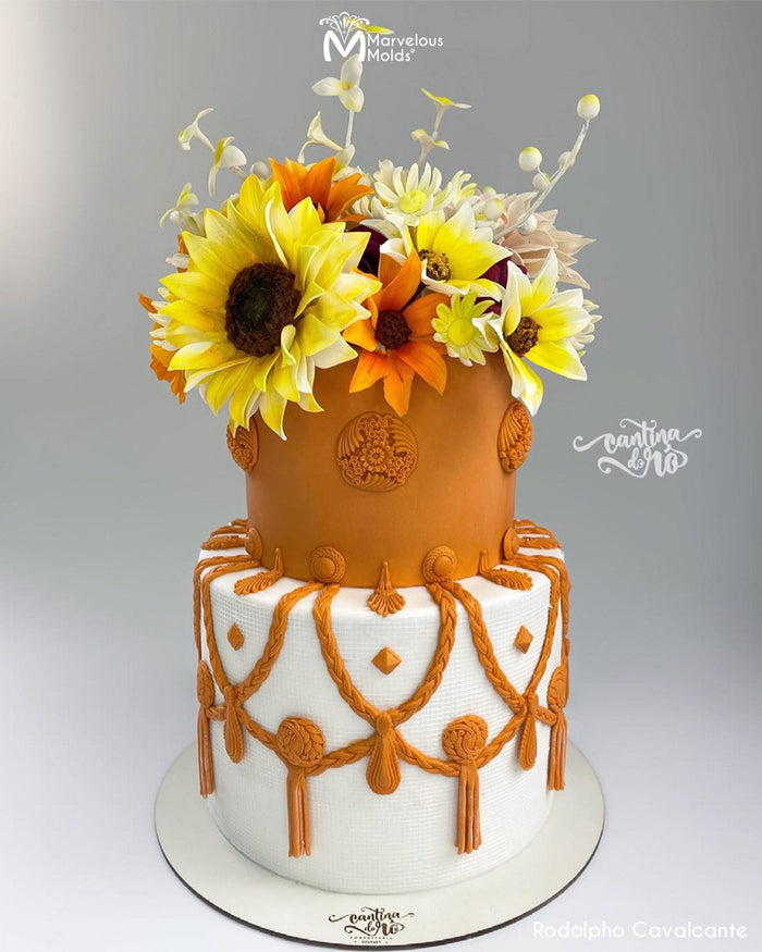 Fall Harvest Wedding Cake Decorated Using the Marvelous Molds Fanfare Medallion Silicone Cake Mold