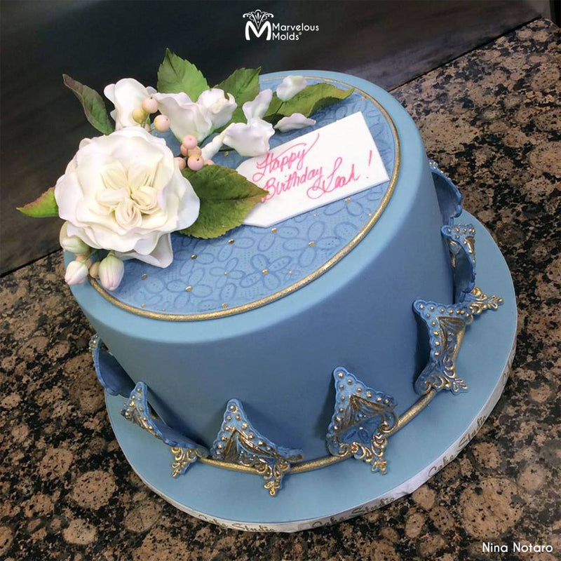 Light Blue Birthday Cake Decorated Using the Sheila Lace Silicone Mold by Marvelous Molds