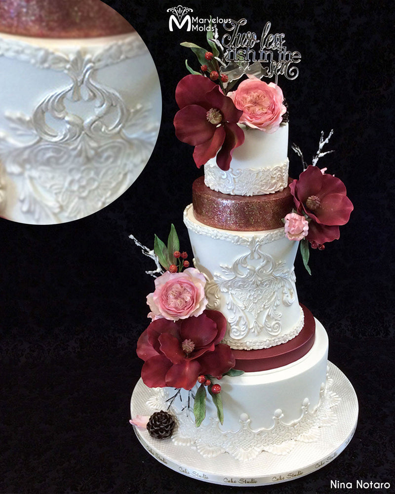 White and Maroon Fall Wedding Cake decorated Using the Marvelous Molds Essential Swirl Right Silicone Mold