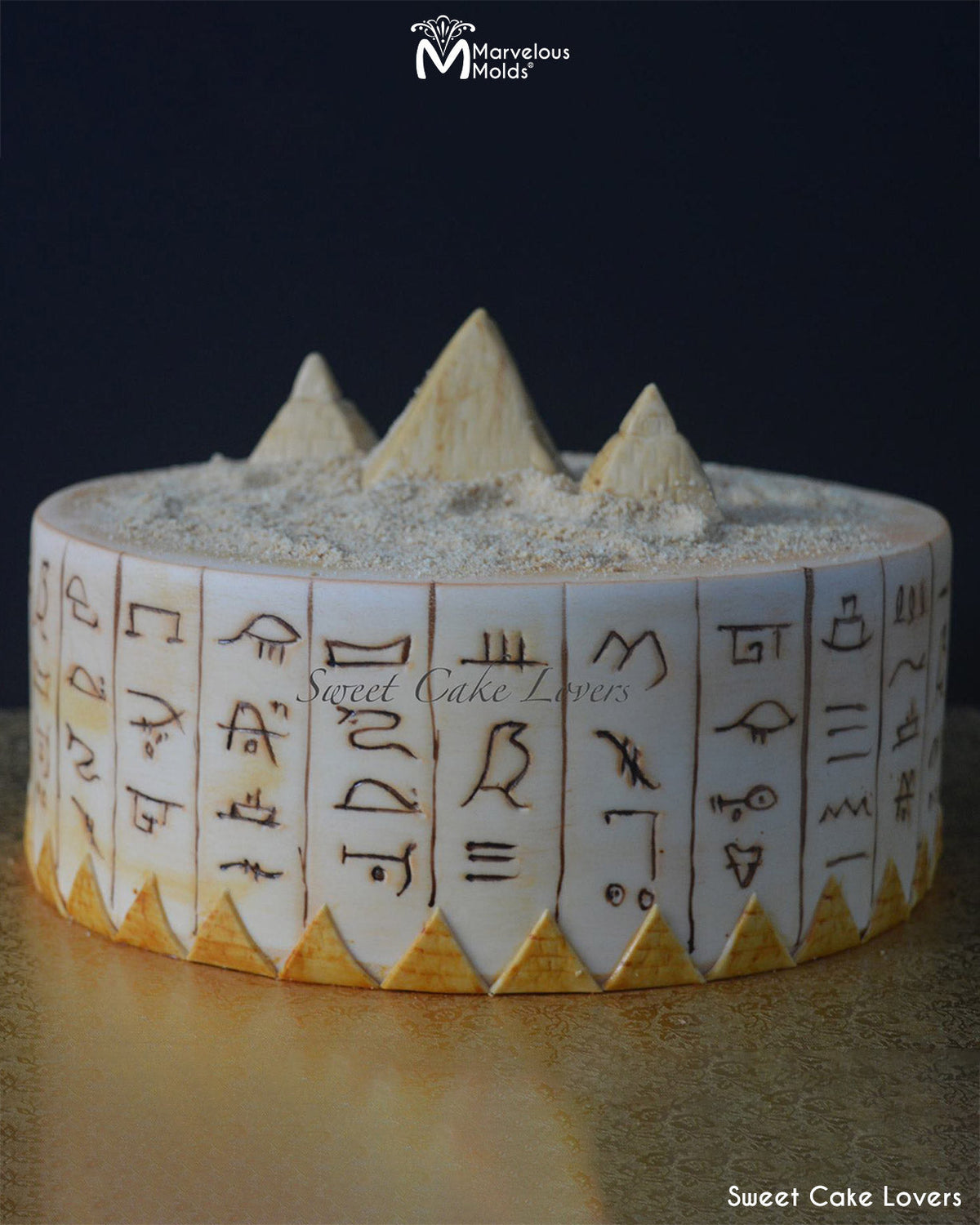 Egyptian Pyramid Cake with Hieroglyphics, Decorated Using the Simply Triangles Silicone Onlay Cake Stencil by Marvelous Molds