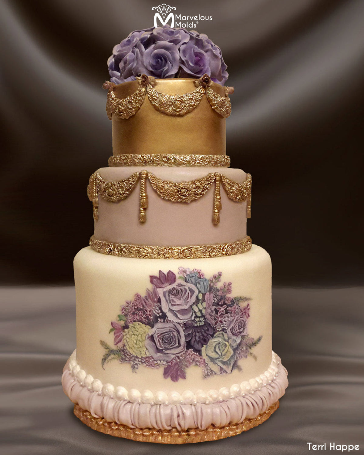 Floral Themed Purple and Gold Wedding Cake Decorated with the Floral Border Silicone Mold by Marvelous Molds