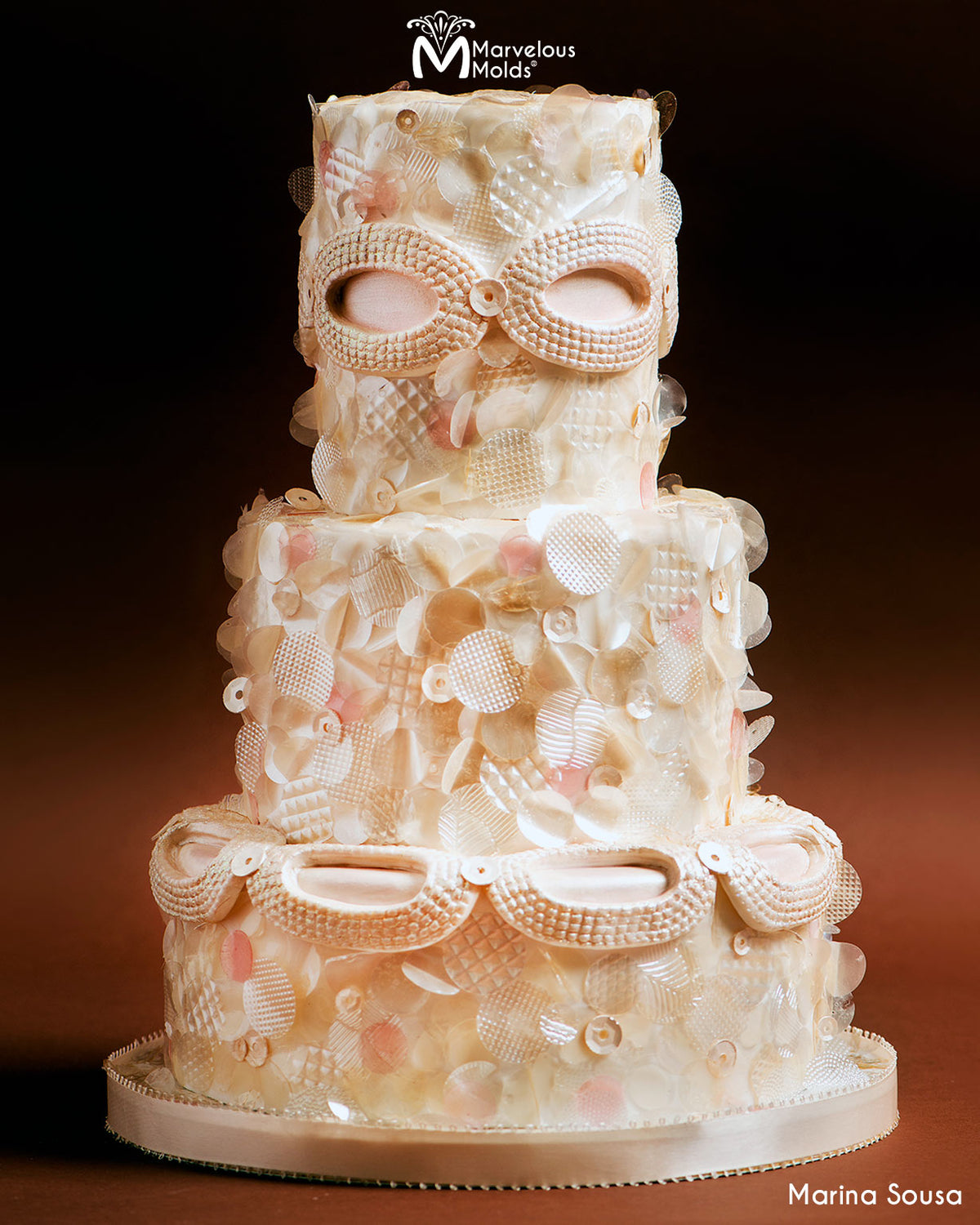 Frilly Decorated Wedding Cake Created Decorated with the Marvelous Molds Opulence Brooch Silicone Mold