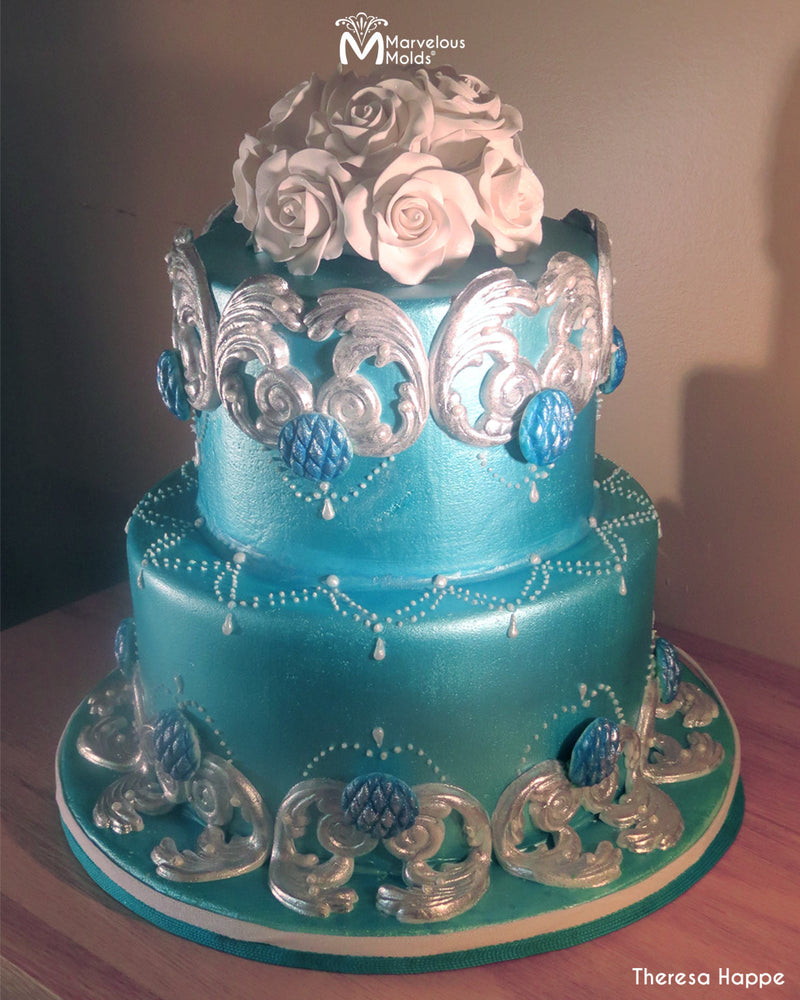 Aqua Colored Wedding Cake Decorated with the Marvelous Molds Geometrics Button Silicone Mold