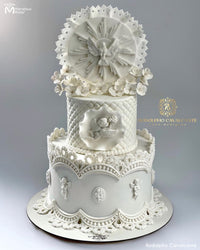Vintage Catholic White Wedding Cake Decorated with Marvelous Molds Mandy Lace Silicone MOld