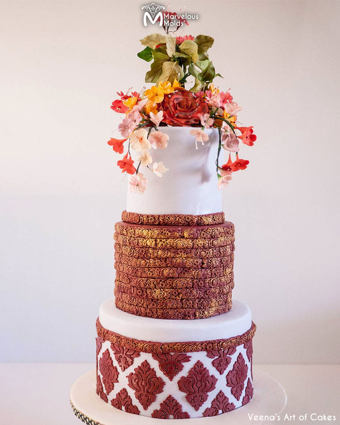 Maroon Floral Wedding Cake Decorated with the Marvelous Molds Floral Border Silicone Mold