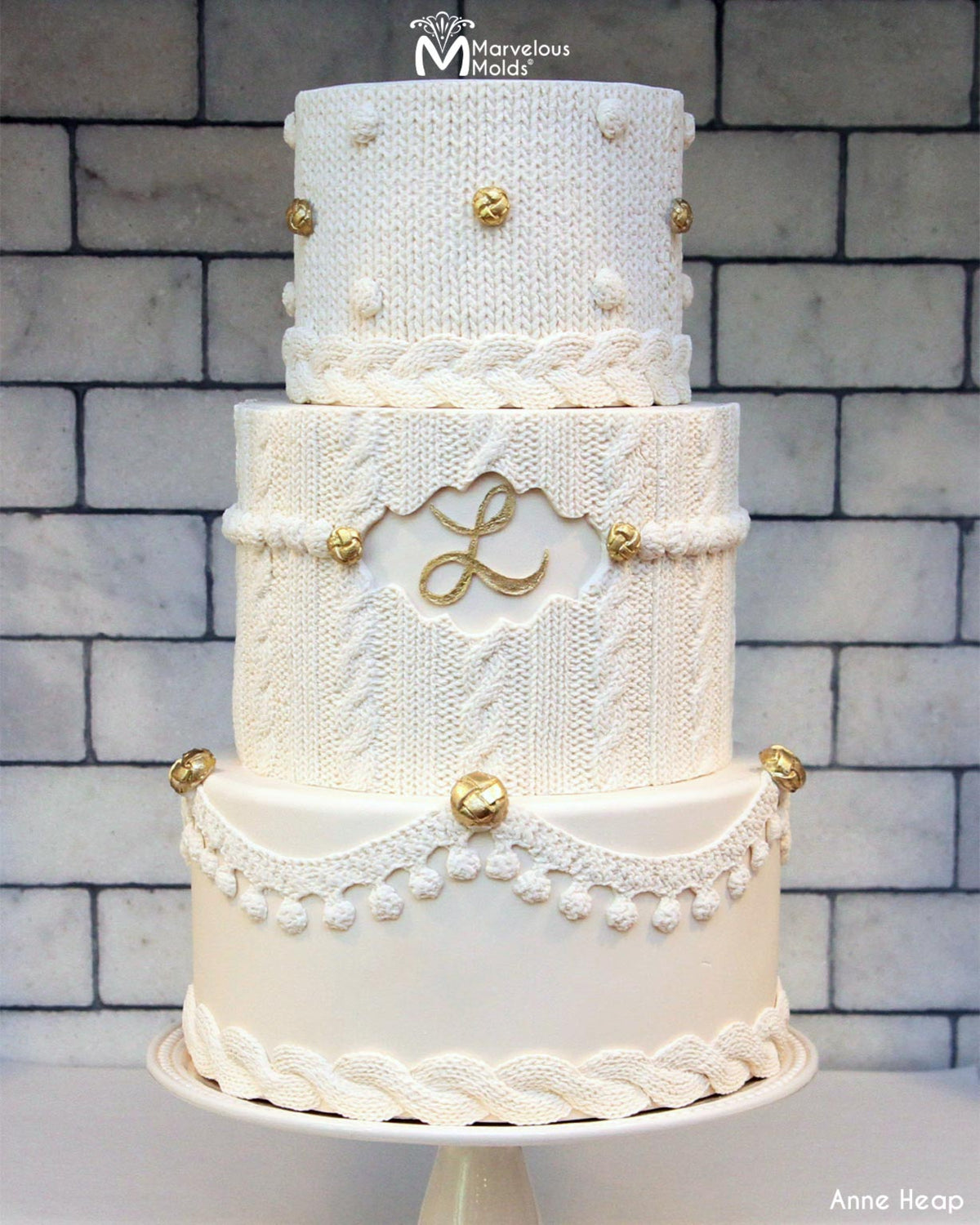 White Knit Wedding Cake with Gold Button Details Created Using the Marvelous Molds Large Leather Buttons Silicone Cake Mold