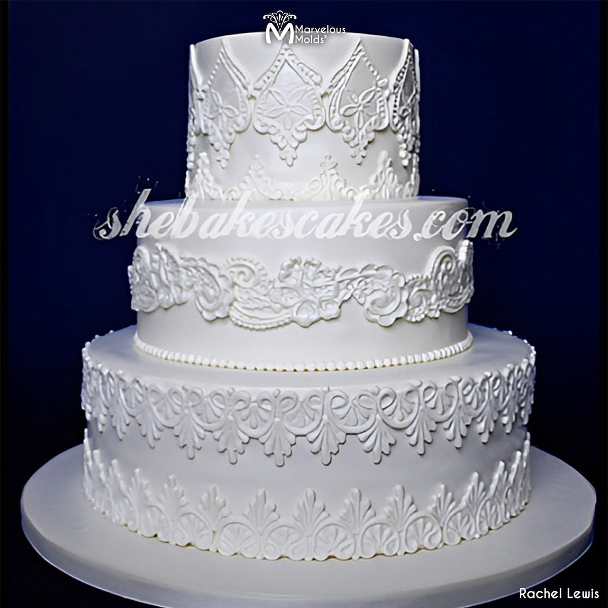 White Lace Wedding Cake Decorated Using the Sheila Lace Silicone Mold by Marvelous Molds