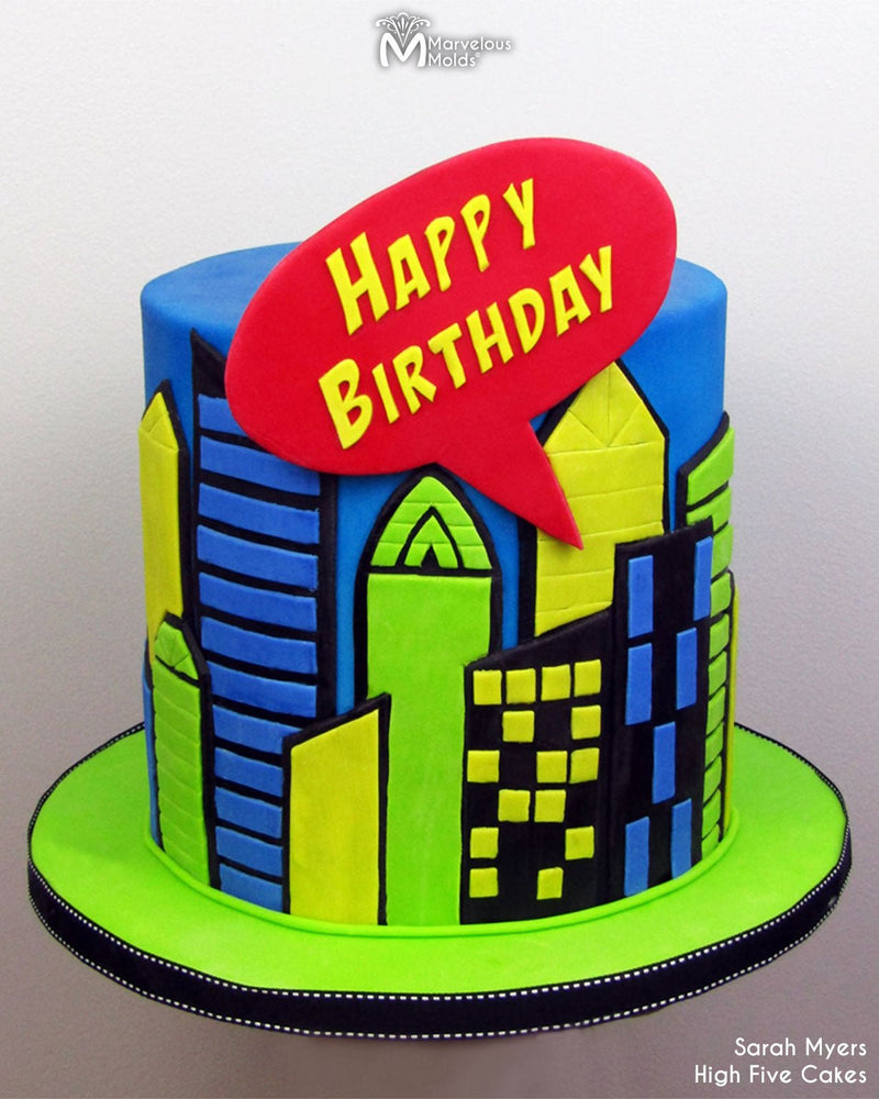Marvel or DC Birthday cake with Action Comic Font Happy Birthday Flexabet by Marvelous Molds