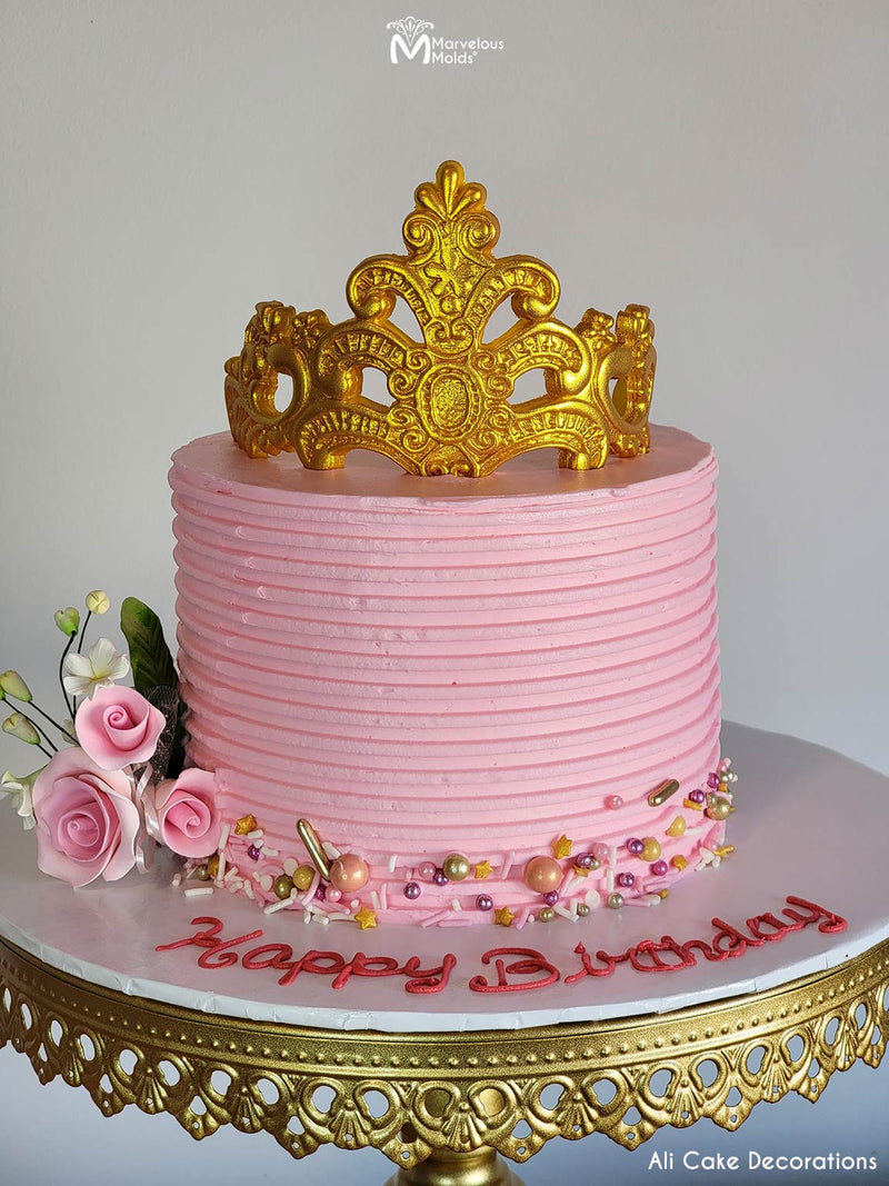 Pink Tiara Princess Birthday Cake Decorated with the Edna Lace Tiara Mold made by Marvelous Molds