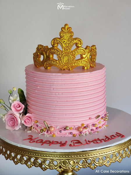 Pink Tiara Princess Birthday Cake Decorated with the Edna Lace Tiara Mold made by Marvelous Molds