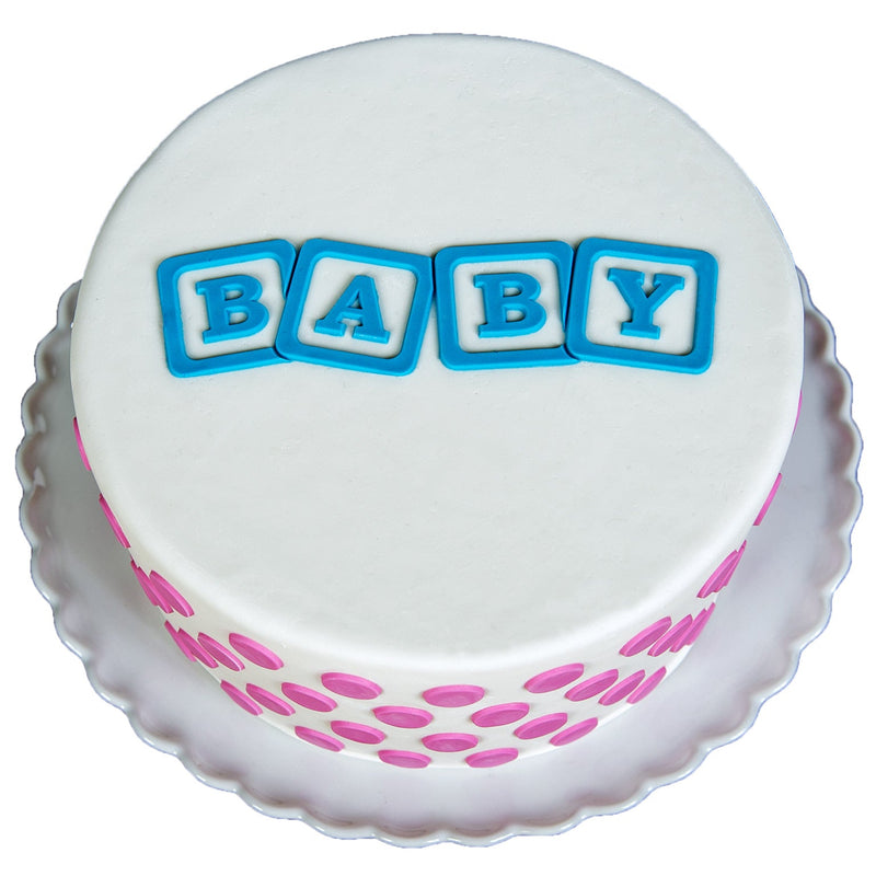 Decorated Cake Image showing the Baby Blocks Food Safe Silicone Onlay® for Fondant Cake Decorating by Marvelous Molds