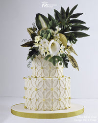 White Wedding Cake Decorated with the Marvelous Molds Garden Gate Silicone Onlay Cake Stencil by Marvelous Molds