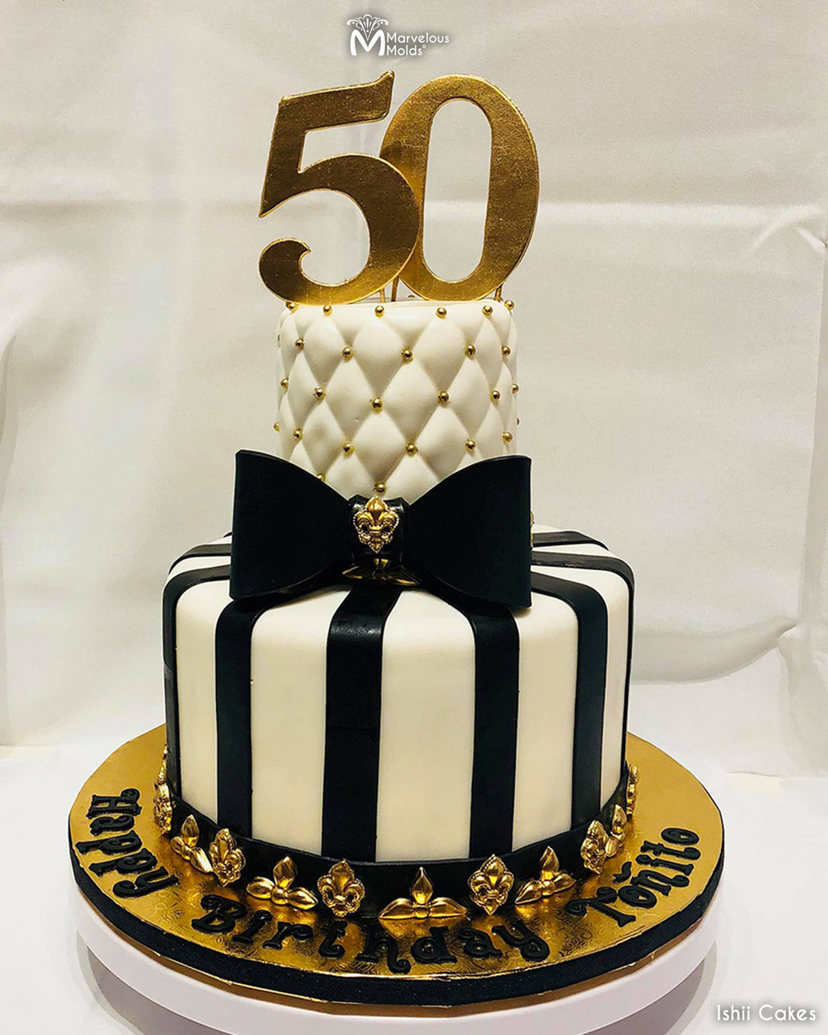 Black and White 50th Birthday Cake Decorated with Swirly Uppercase Lettering Flexabet by Marvelous Molds