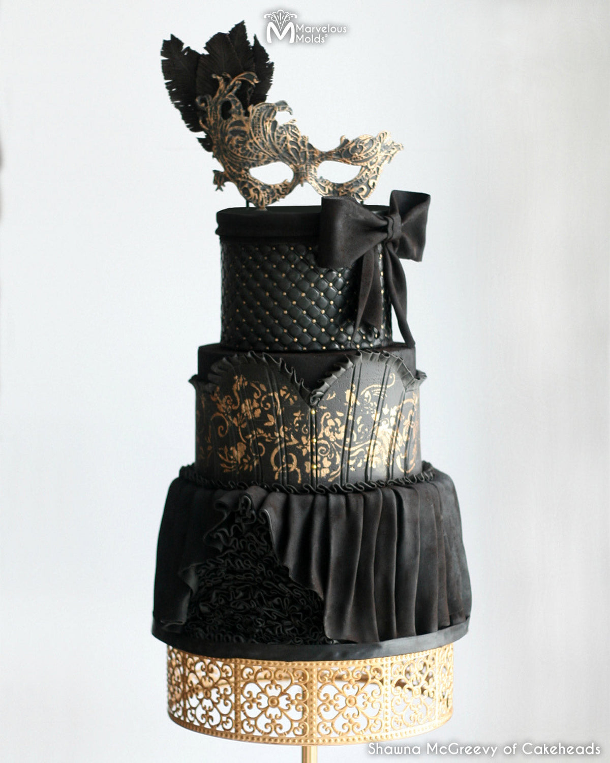 Black Gothic Masquerade Themed Fashion Cake Decorated with Tufted Swiss Dot Simpress Silicone Mold by Marvelous Molds