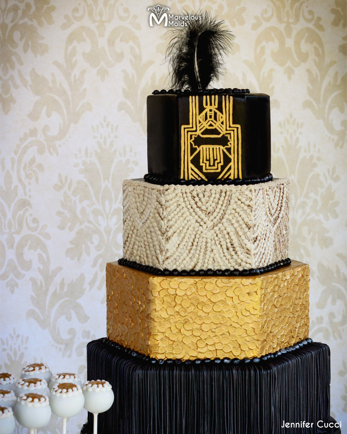 Gatsby Fringe and Sequin Flapper Cake Decorated Using the Sequin Jubilee Simpress Silicone Mold by Marvelous Molds