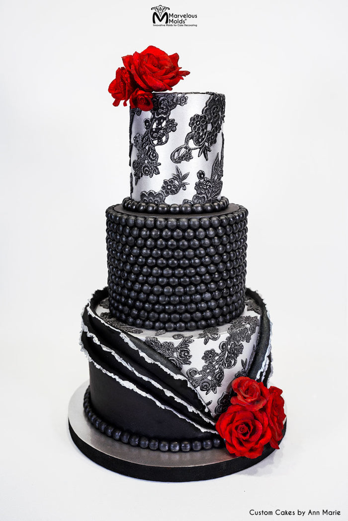 Black Lace Flamenco Style Cake with Red Roses, Decorated with Marvelous Molds PinchPro Pearls 12mm Diameter Silicone Mold