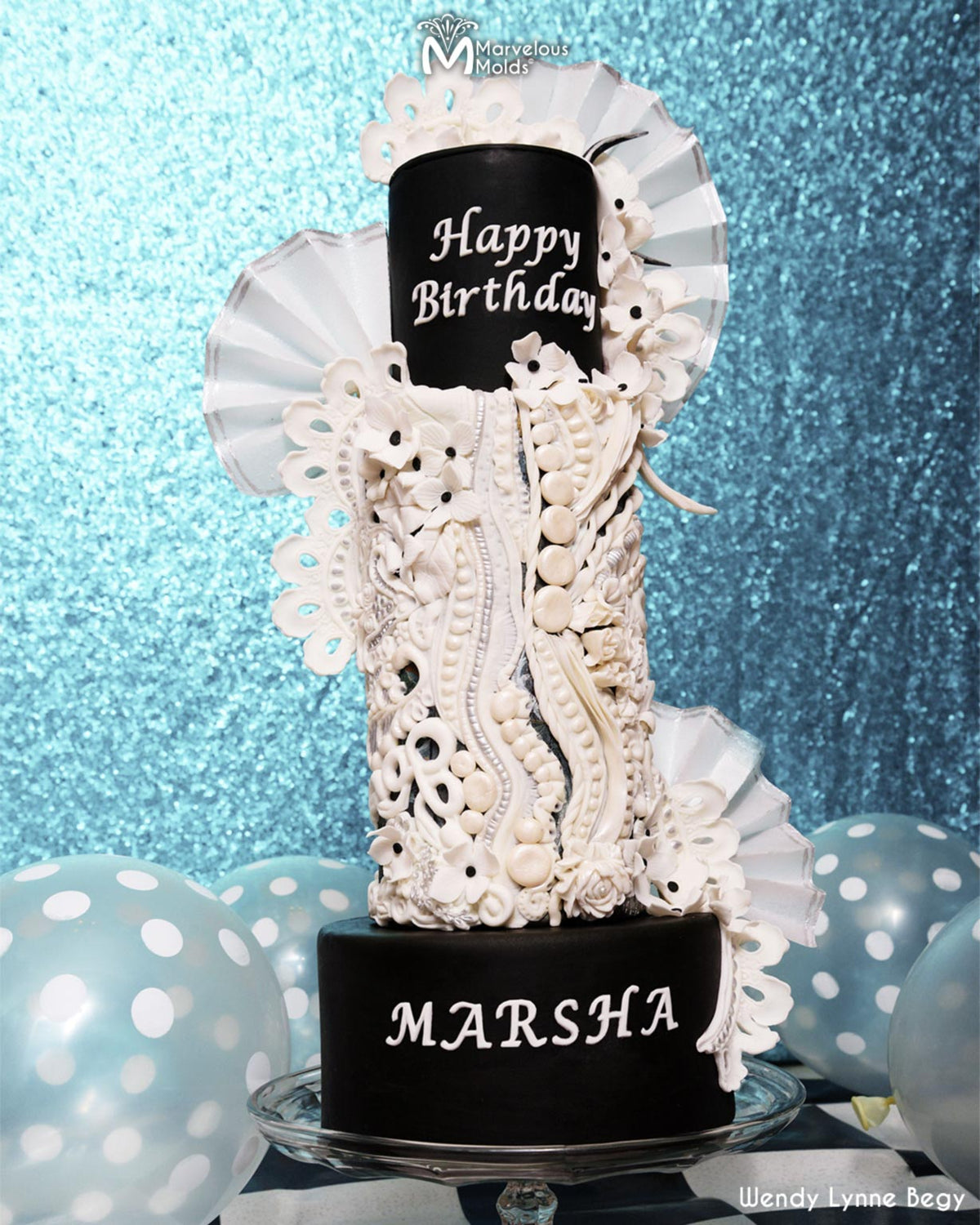 Happy Birthday Black and White Cake decorated using the Calligraphy Happy Birthday Letter Cutting Flexabet by Marvelous Molds
